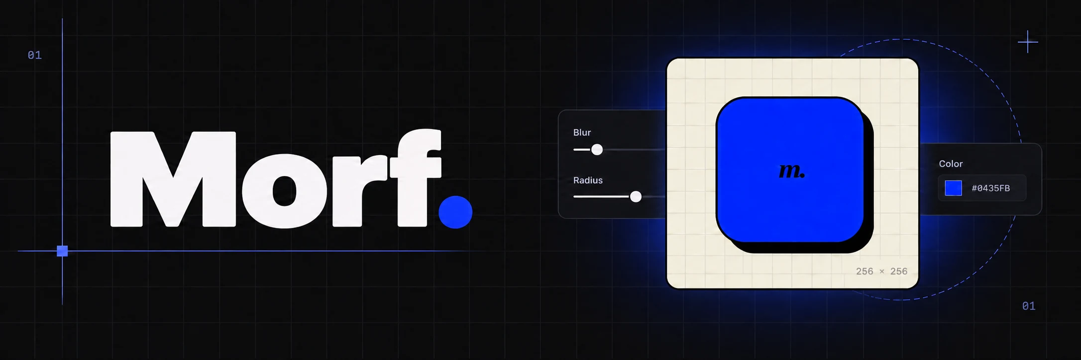 Morf banner with a blue neo-brutalist shape inside a design panel.
